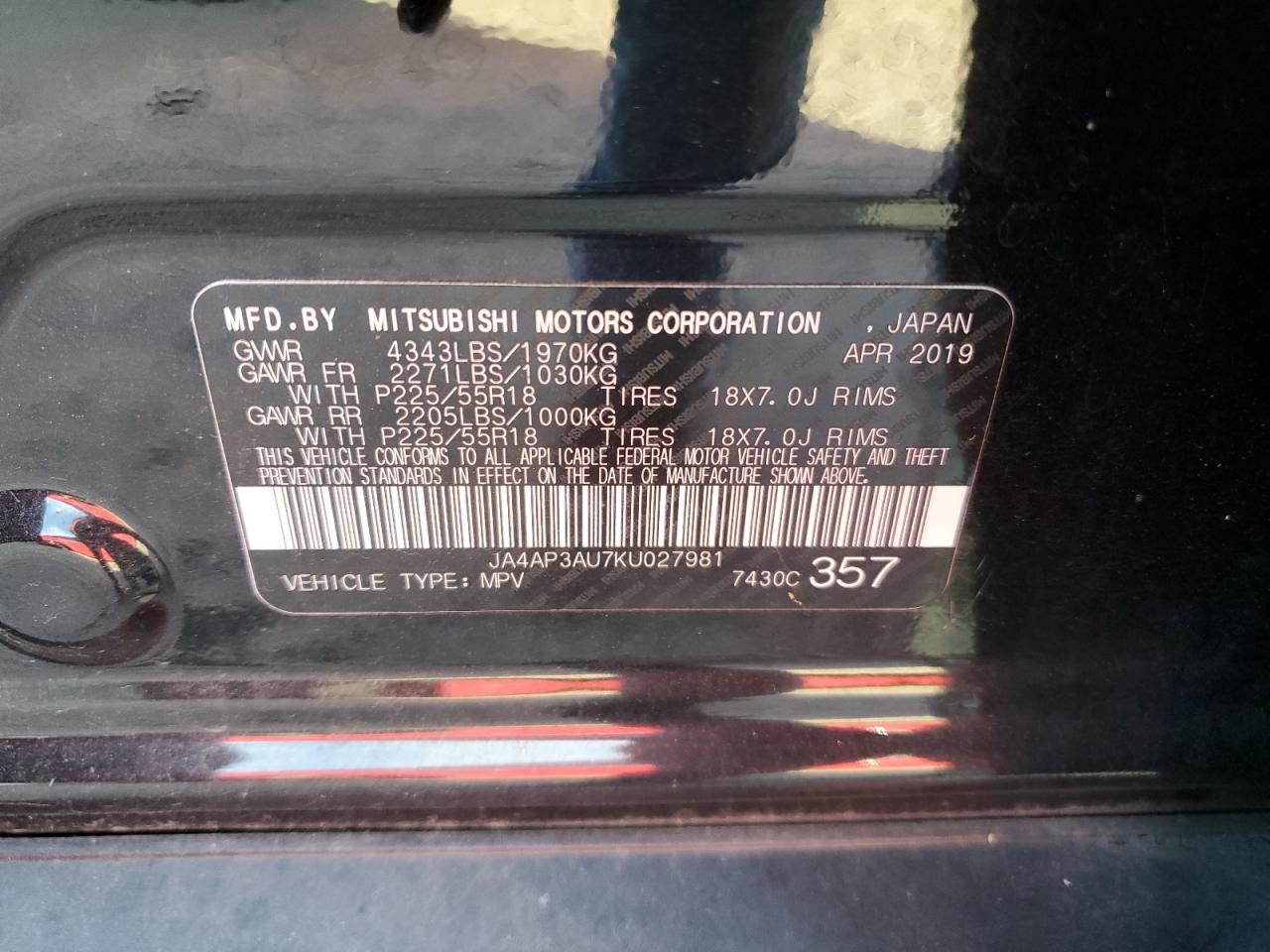 2019 Mitsubishi Outlander Sport Es VIN: JA4AP3AU7KU027981 Lot: 76616574