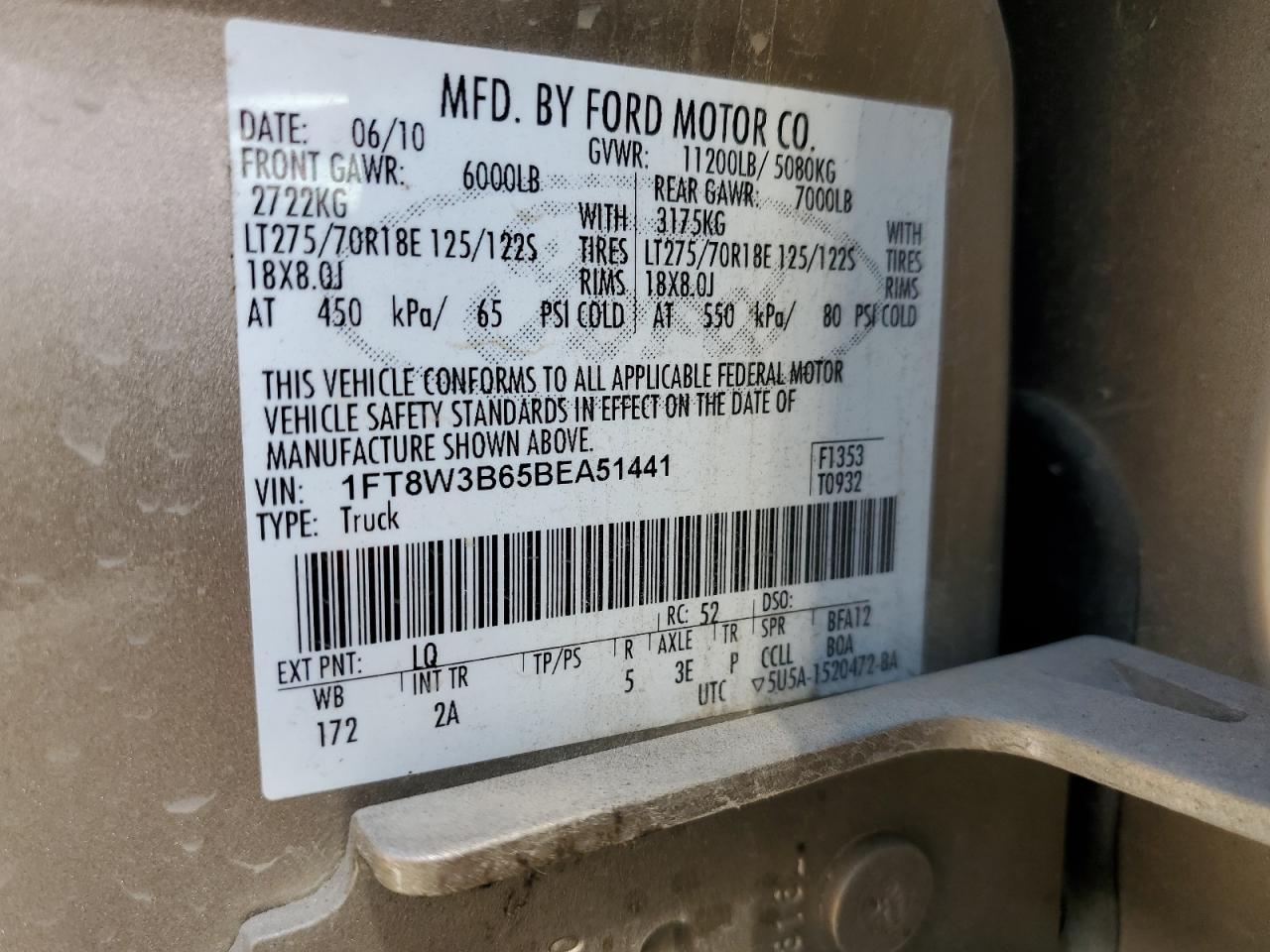 2011 Ford F350 Super Duty VIN: 1FT8W3B65BEA51441 Lot: 77906774