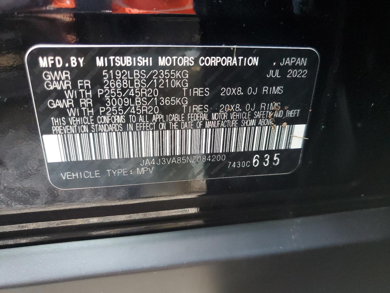 2022 Mitsubishi Outlander Sel VIN: JA4J3VA85NZ084200 Lot: 74301304