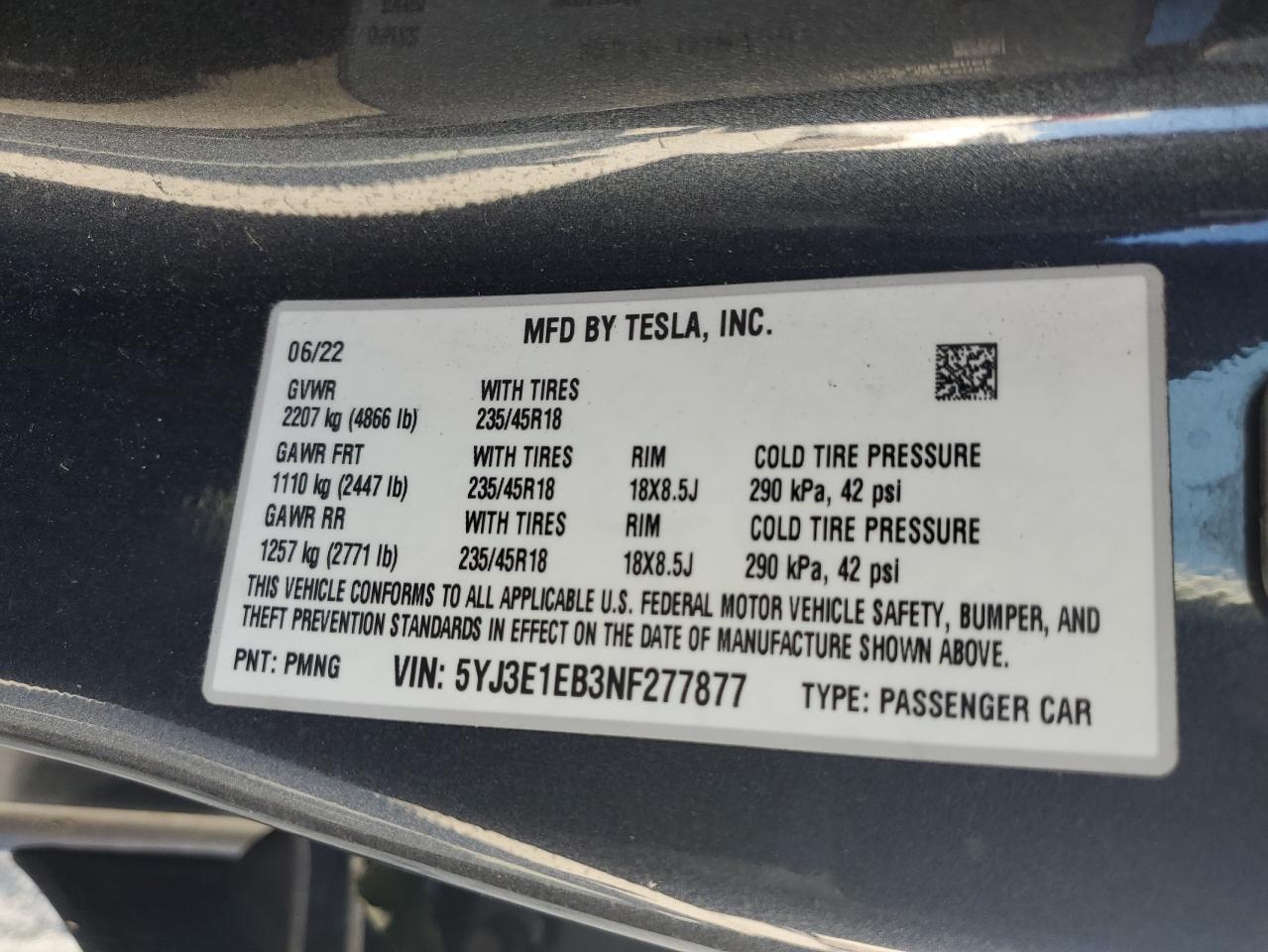 2022 Tesla Model 3 VIN: 5YJ3E1EB3NF277877 Lot: 76164364