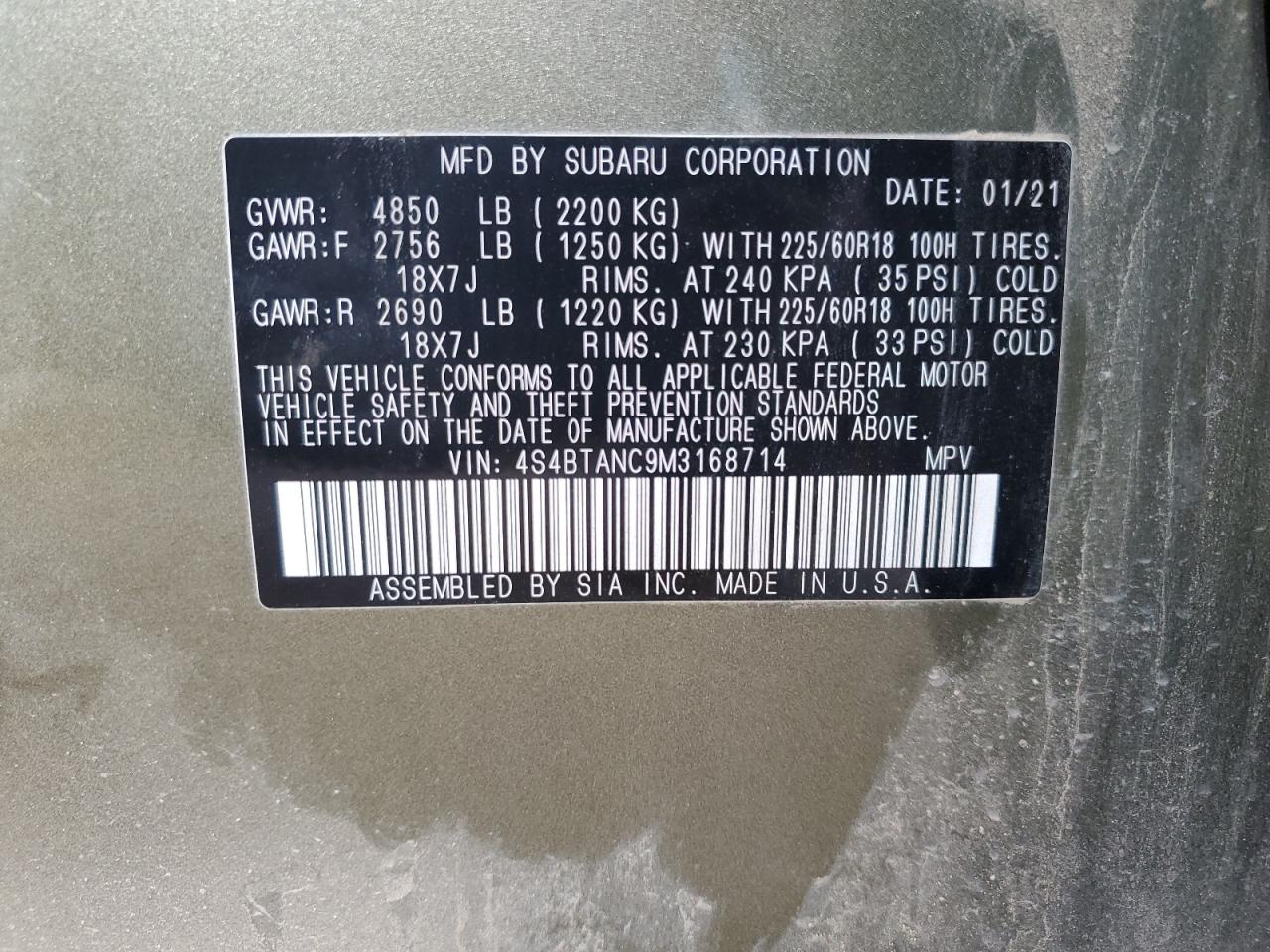 4S4BTANC9M3168714 2021 Subaru Outback Limited