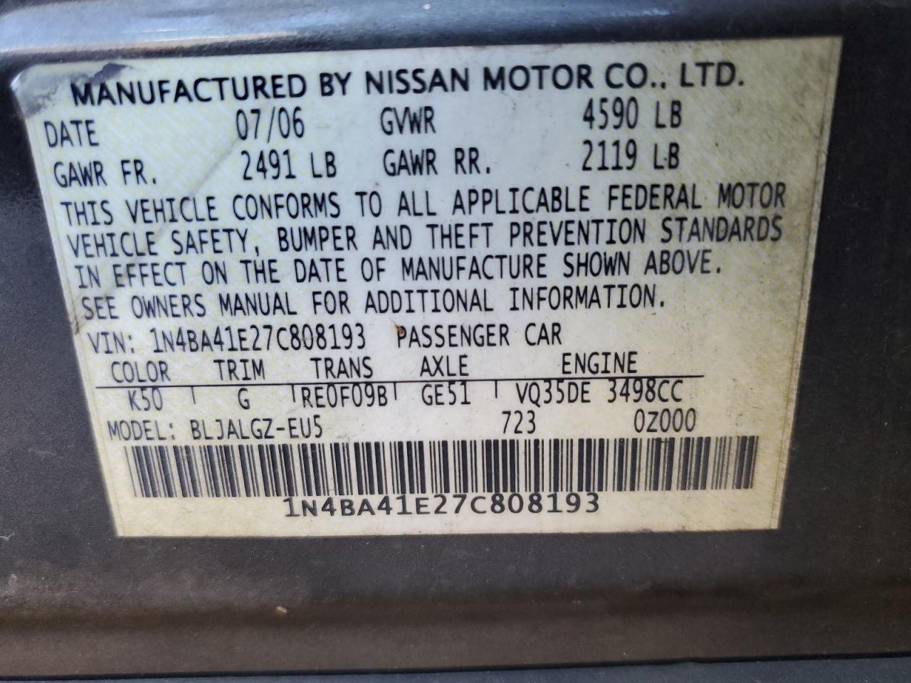 1N4BA41E27C808193 2007 Nissan Maxima Se