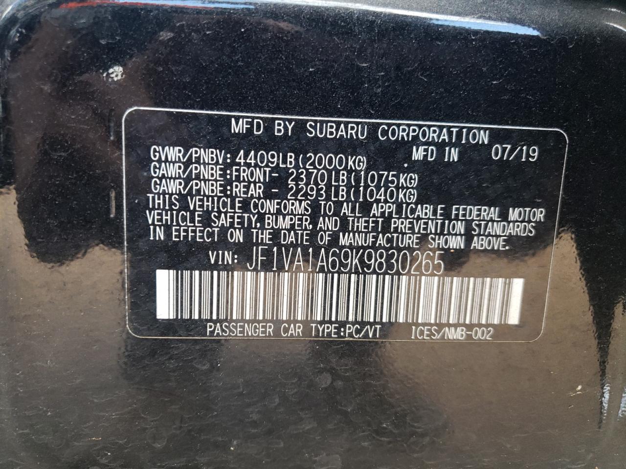 JF1VA1A69K9830265 2019 Subaru Wrx