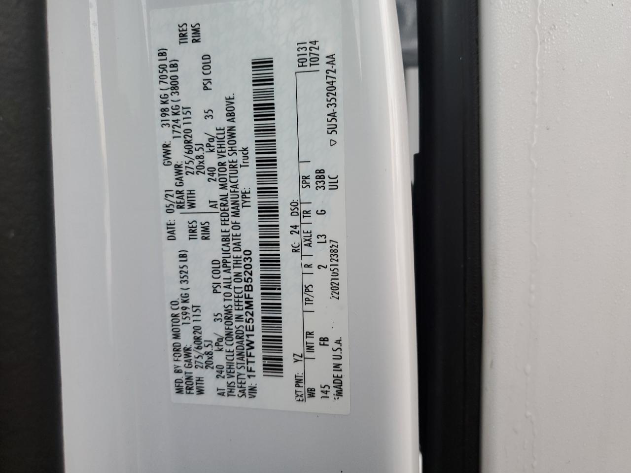 2021 Ford F150 Supercrew VIN: 1FTFW1E52MFB52030 Lot: 74018204