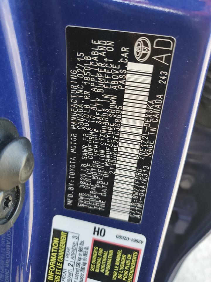 2015 Toyota Corolla L VIN: 2T1BURHE2FC368695 Lot: 78135694