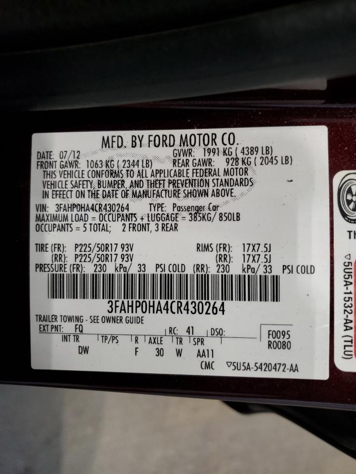 2012 Ford Fusion Se VIN: 3FAHP0HA4CR430264 Lot: 74421274