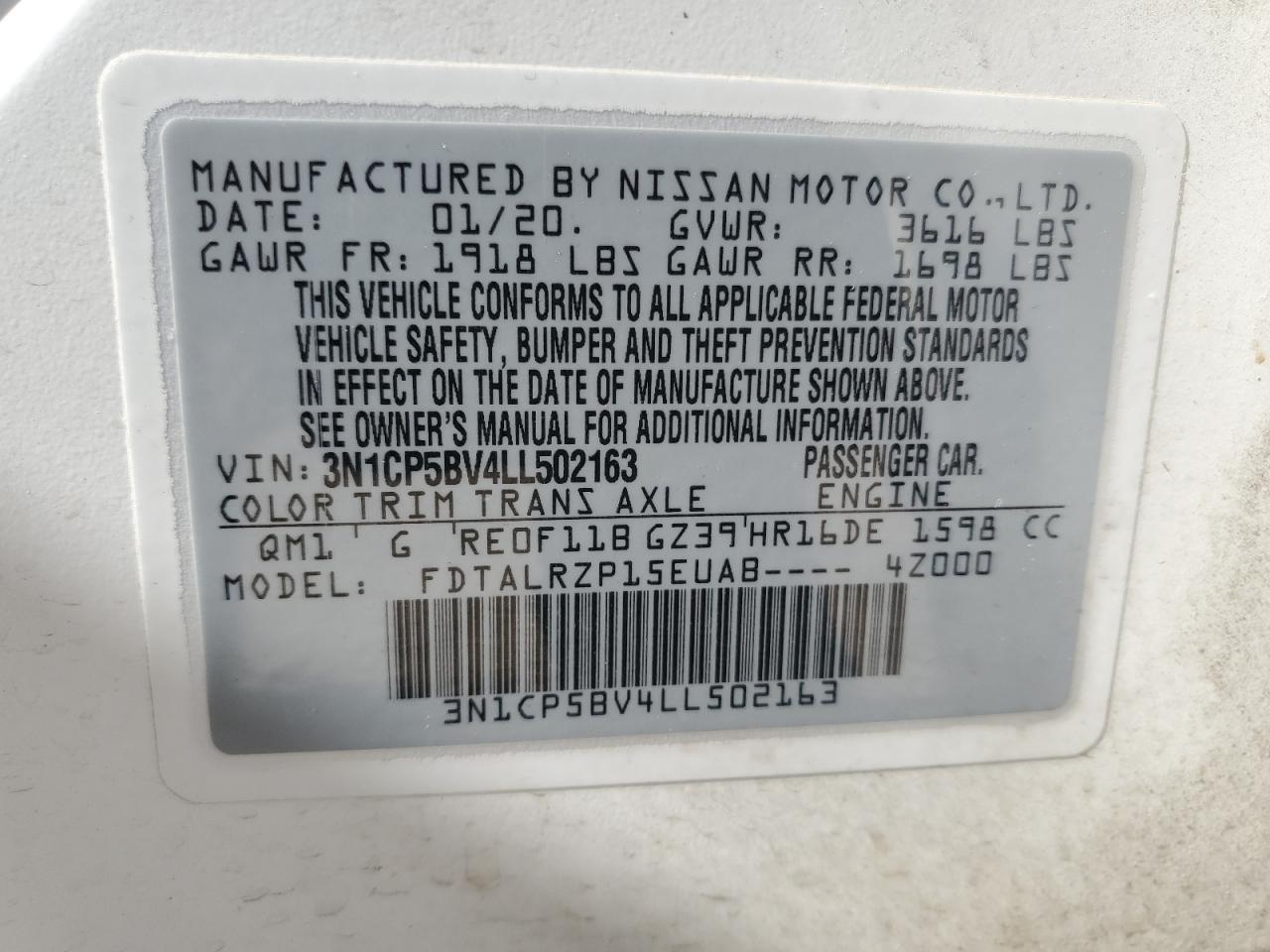 3N1CP5BV4LL502163 2020 Nissan Kicks S