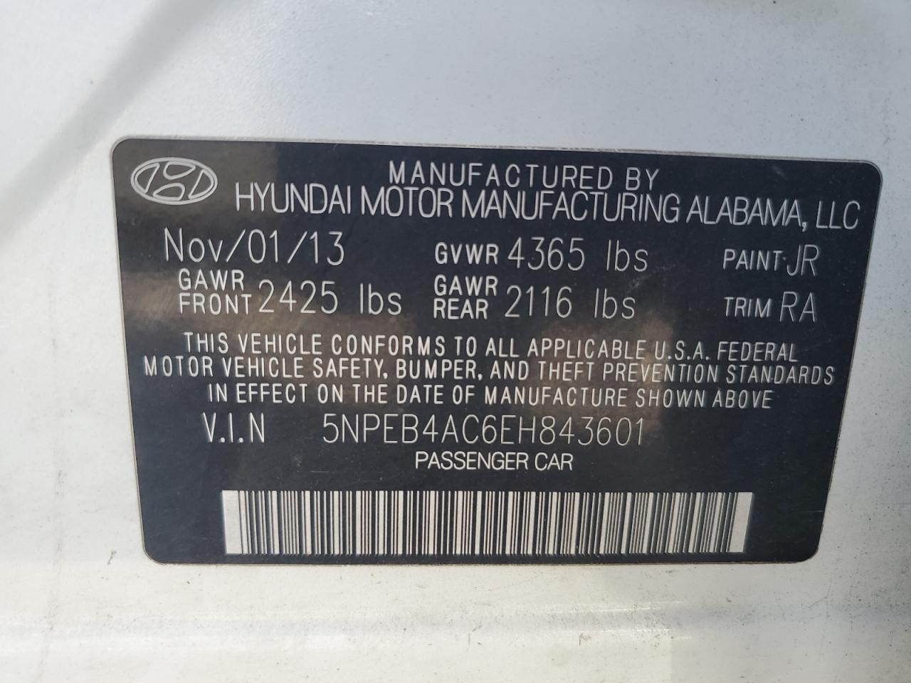 5NPEB4AC6EH843601 2014 Hyundai Sonata Gls