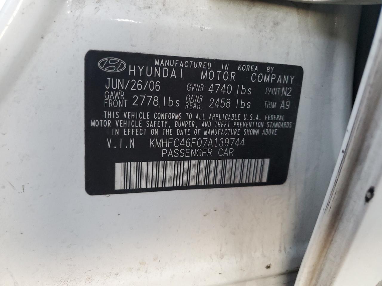 KMHFC46F07A139744 2007 Hyundai Azera Se