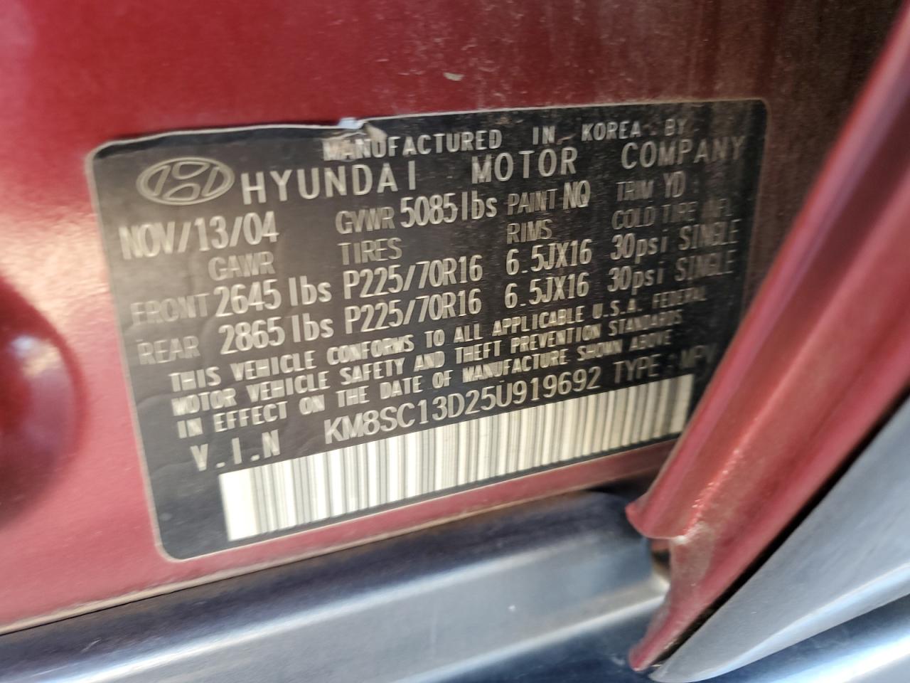 KM8SC13D25U919692 2005 Hyundai Santa Fe Gls