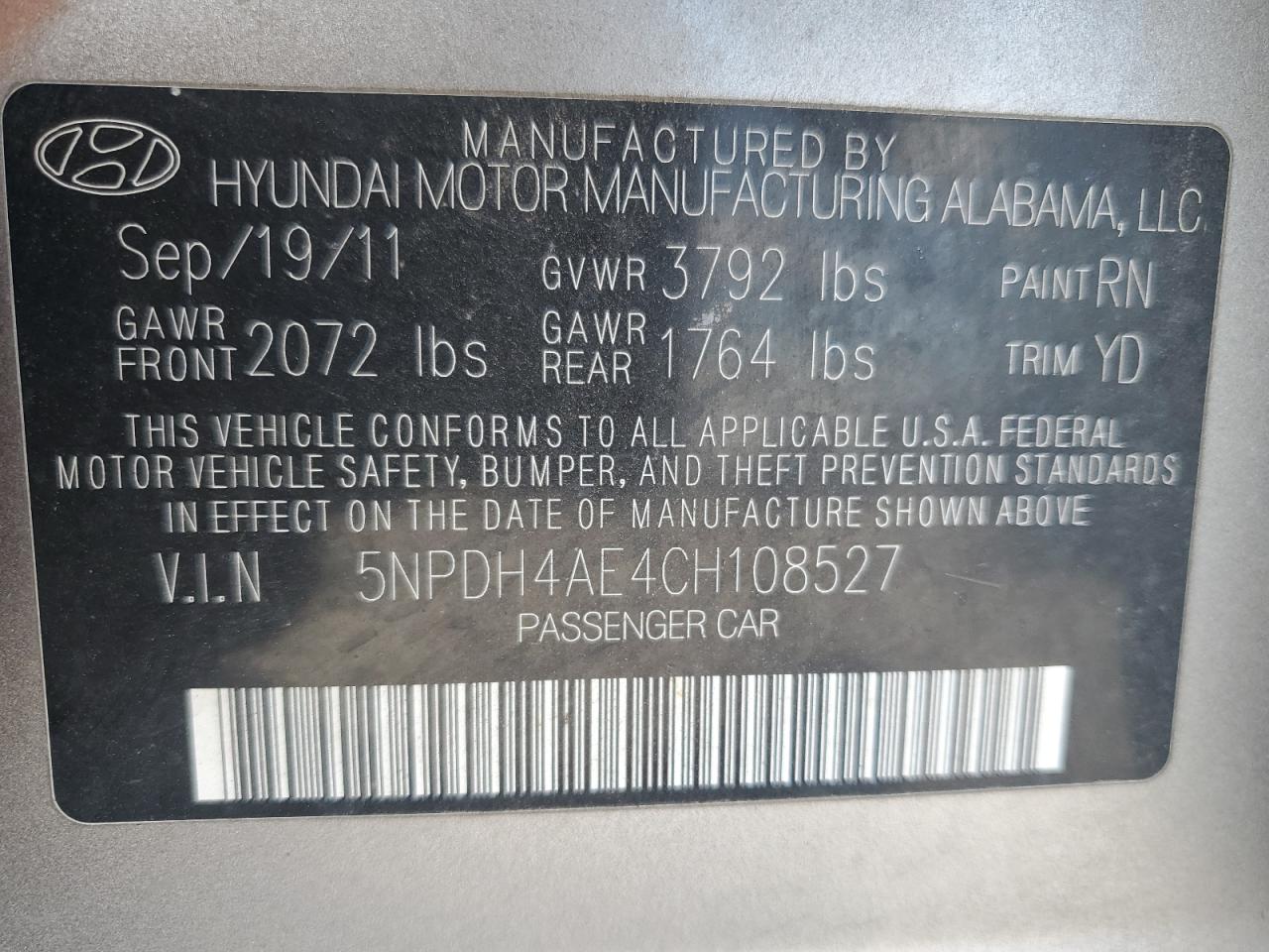 5NPDH4AE4CH108527 2012 Hyundai Elantra Gls