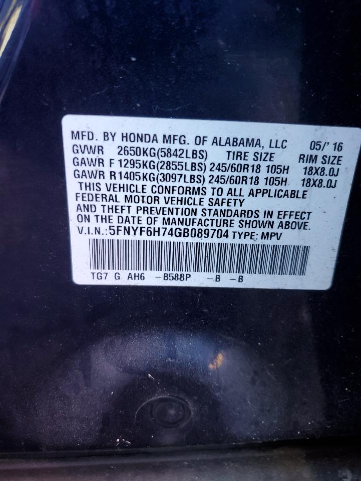 VIN 5FNYF6H74GB089704 2016 HONDA PILOT no.13