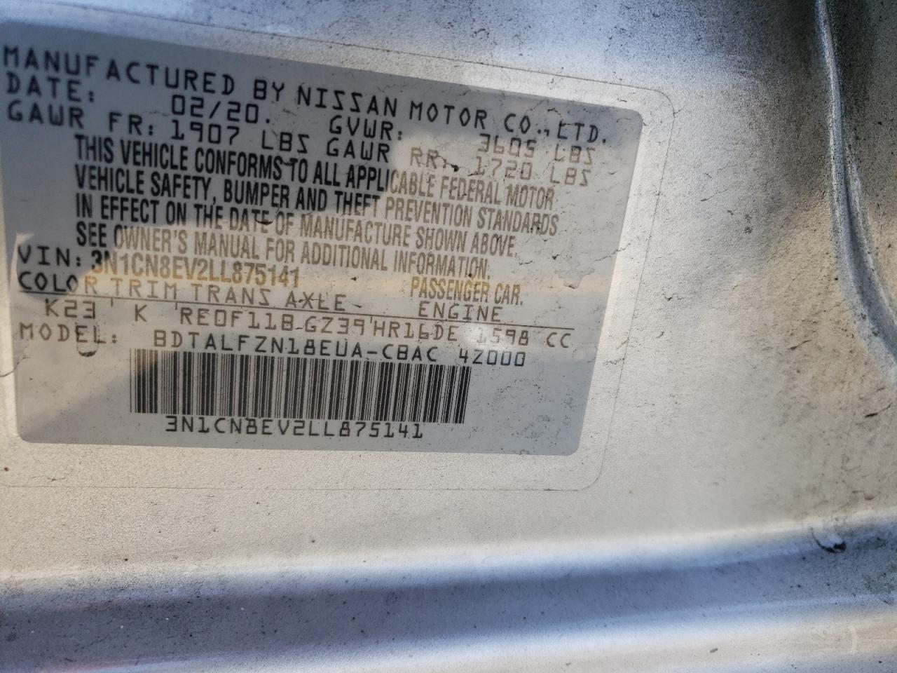 3N1CN8EV2LL875141 2020 Nissan Versa Sv