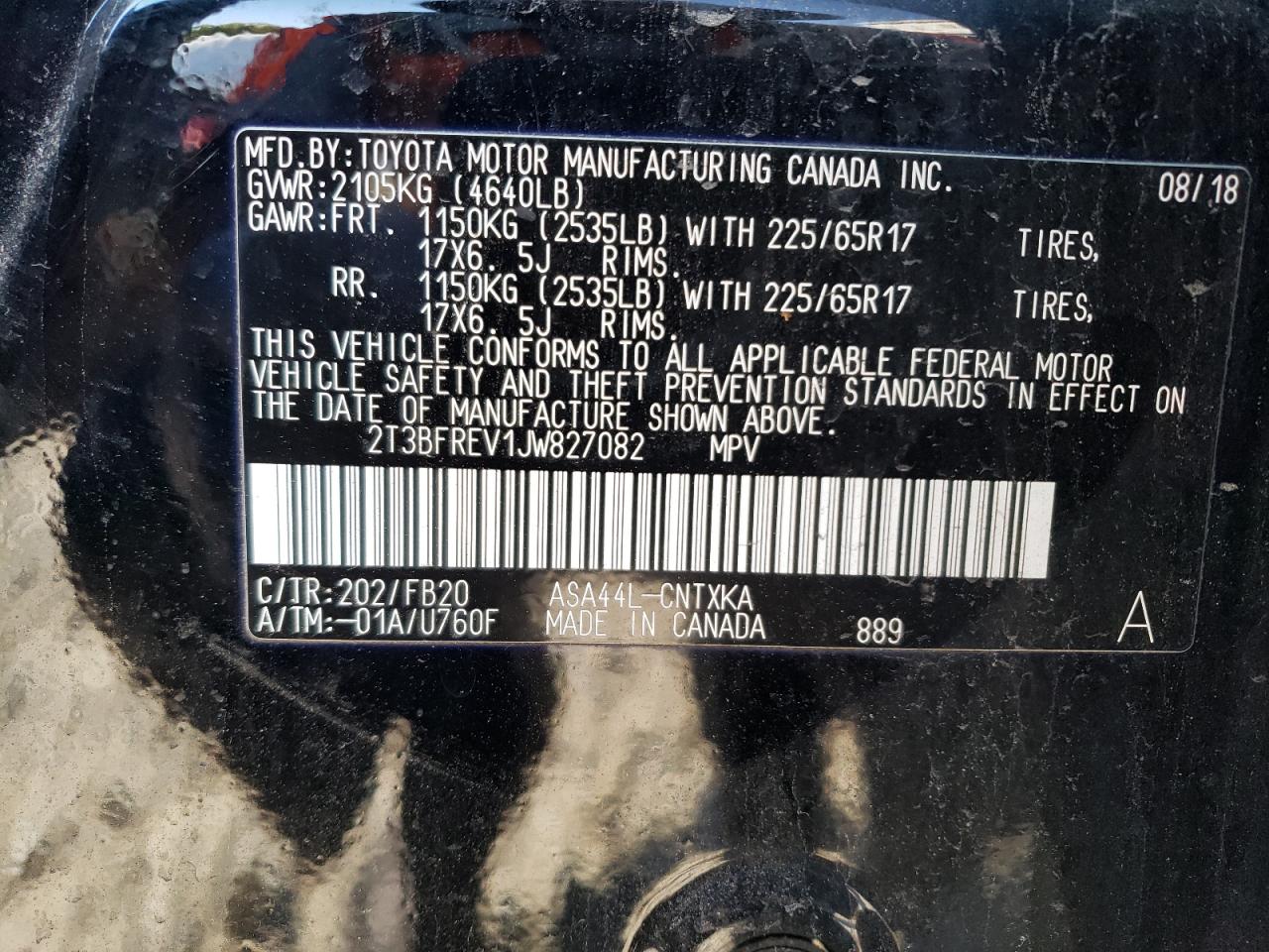 2T3BFREV1JW827082 2018 Toyota Rav4 Le