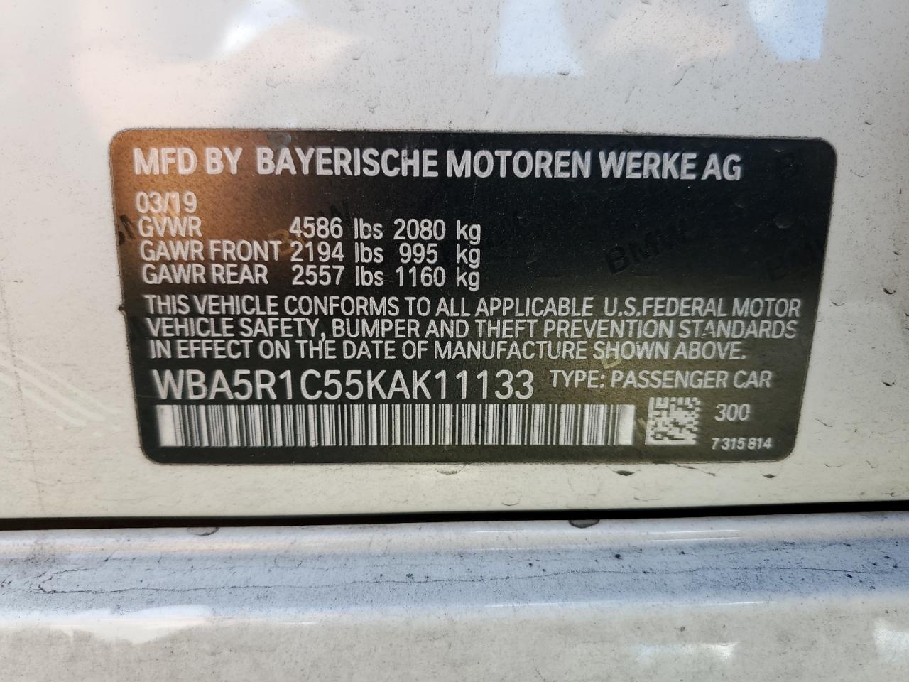 WBA5R1C55KAK11133 2019 BMW 330I