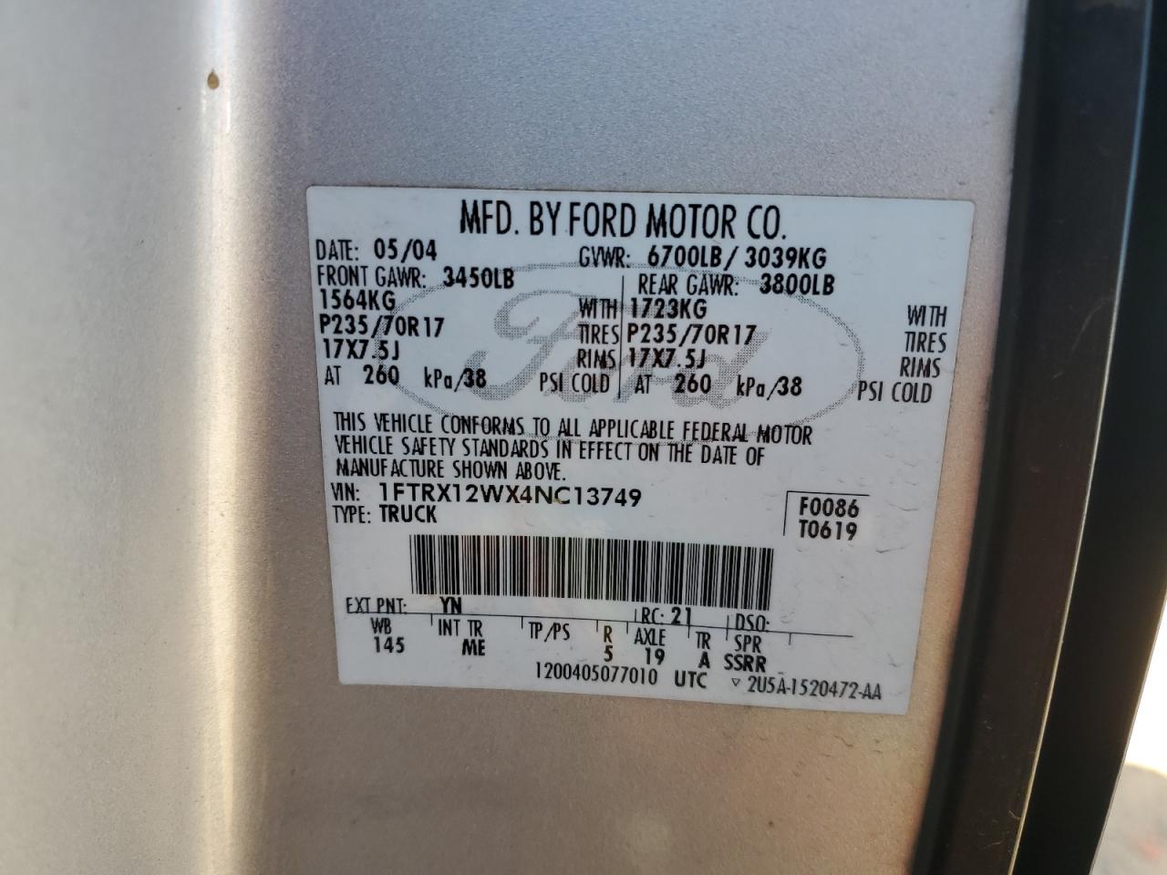2004 Ford F150 VIN: 1FTRX12WX4NC13749 Lot: 76825784