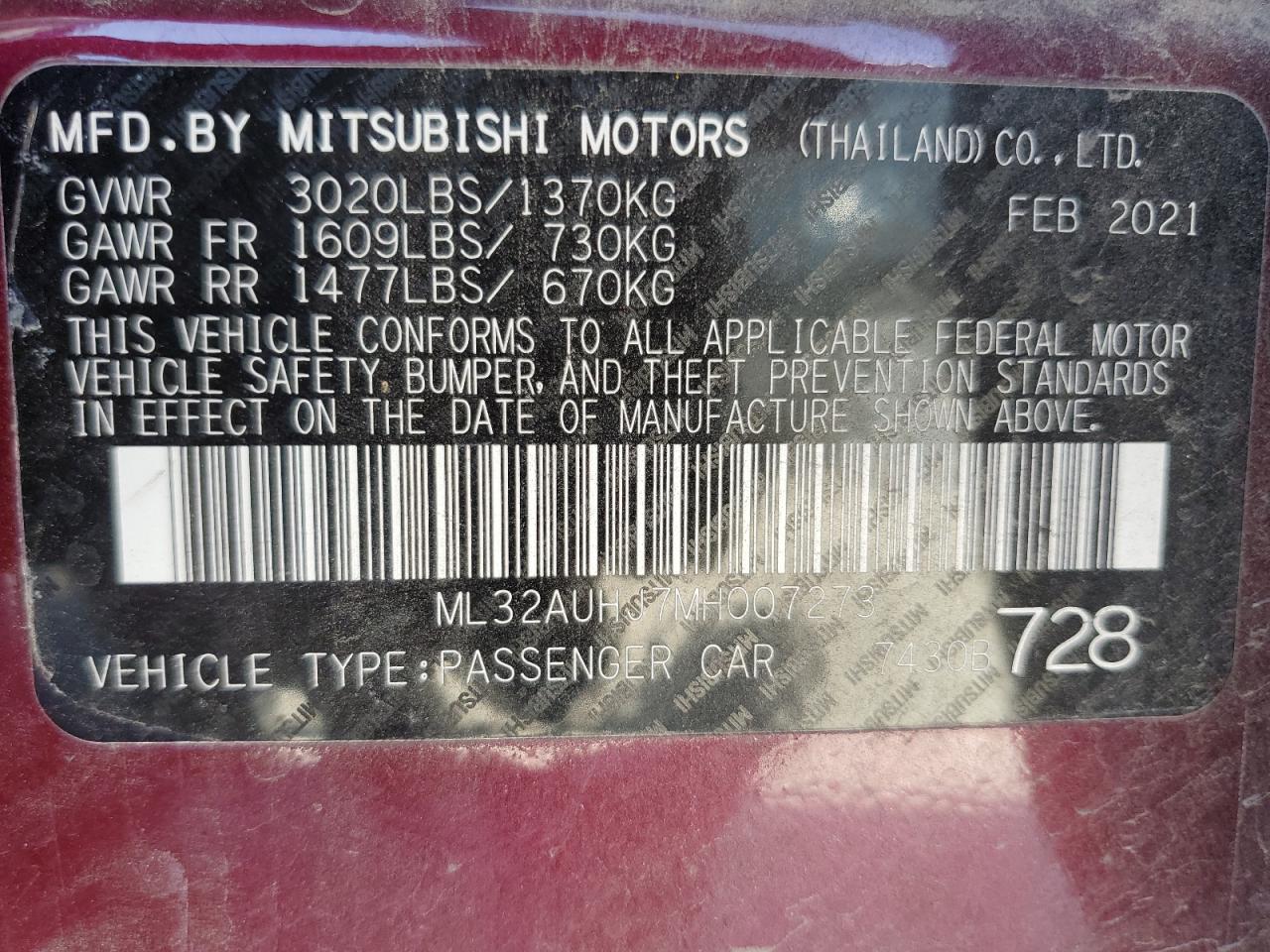 ML32AUHJ7MH007273 2021 Mitsubishi Mirage Es