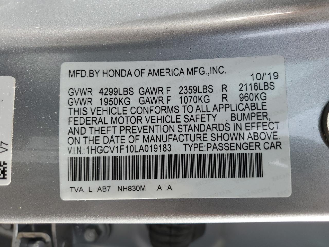 2020 Honda Accord Lx VIN: 1HGCV1F10LA019183 Lot: 77142104