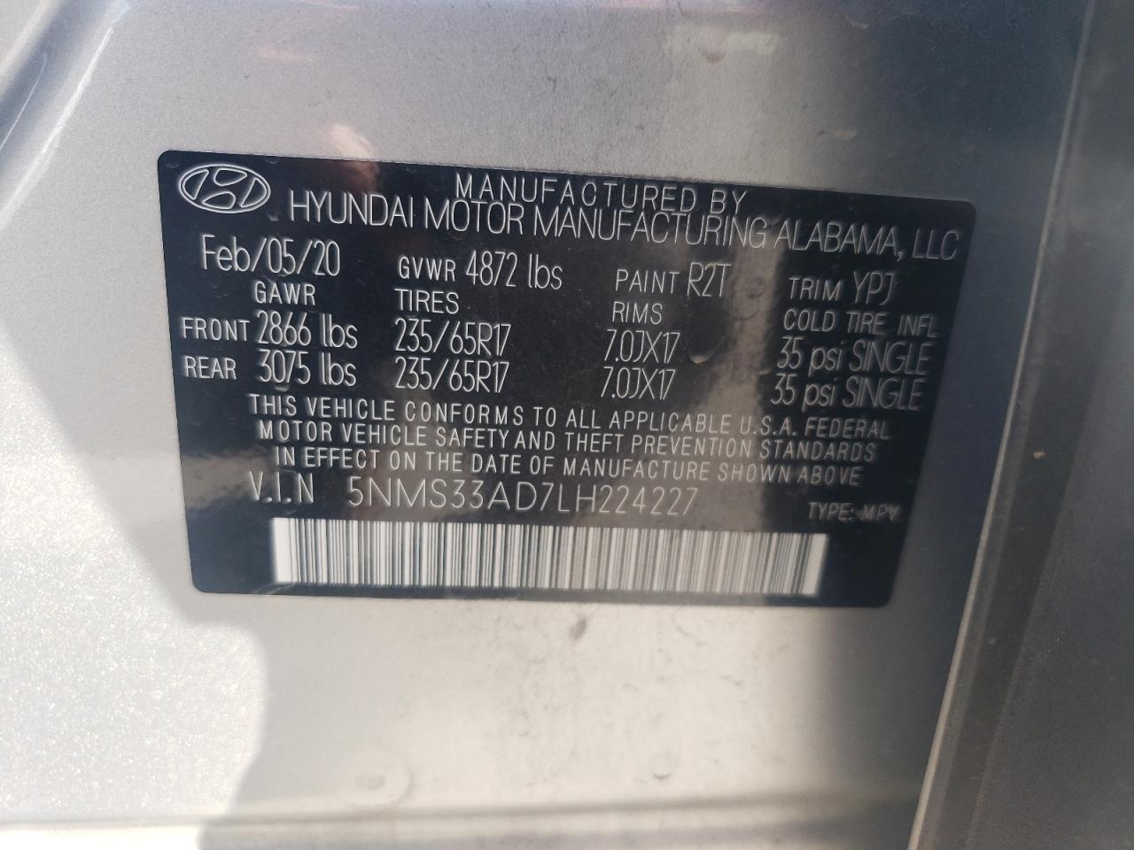 5NMS33AD7LH224227 2020 Hyundai Santa Fe Sel