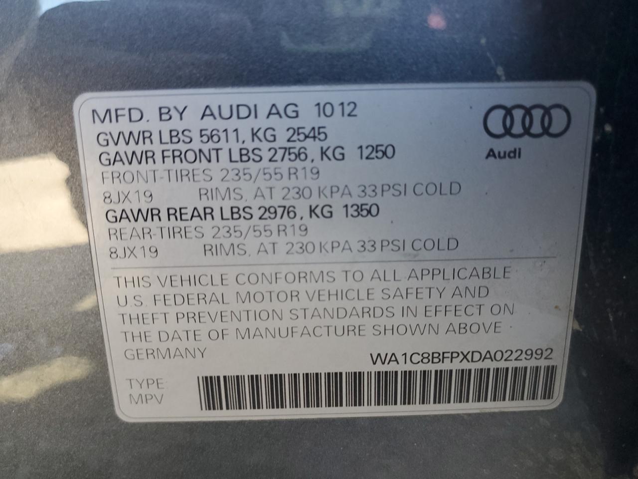 2013 Audi Q5 Premium Hybrid VIN: WA1C8BFPXDA022992 Lot: 77080484