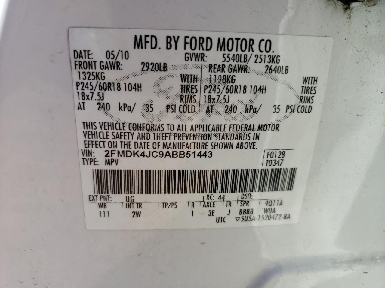 2010 Ford Edge Sel VIN: 2FMDK4JC9ABB51443 Lot: 76771474