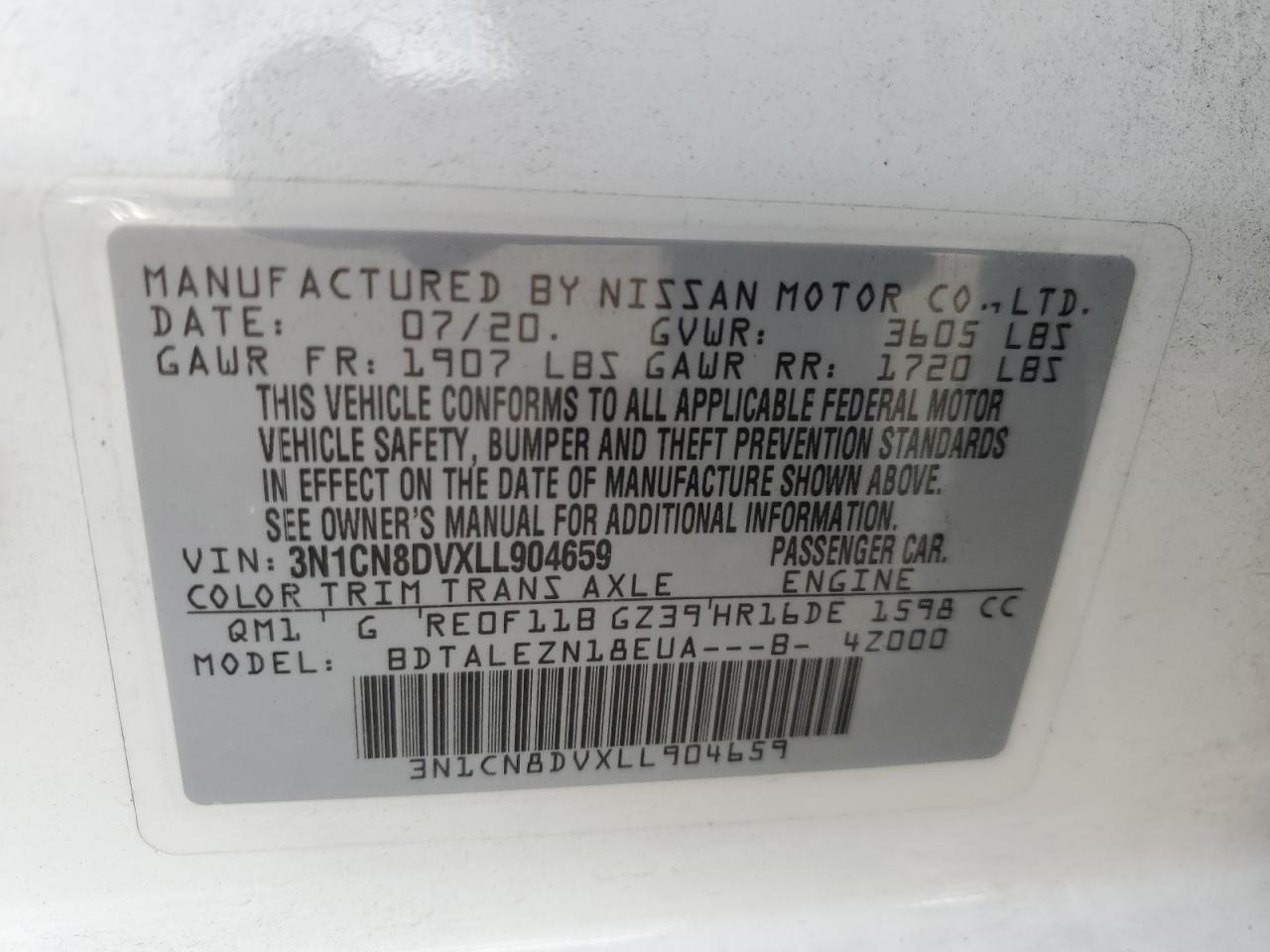 2020 Nissan Versa S VIN: 3N1CN8DVXLL904659 Lot: 77715014