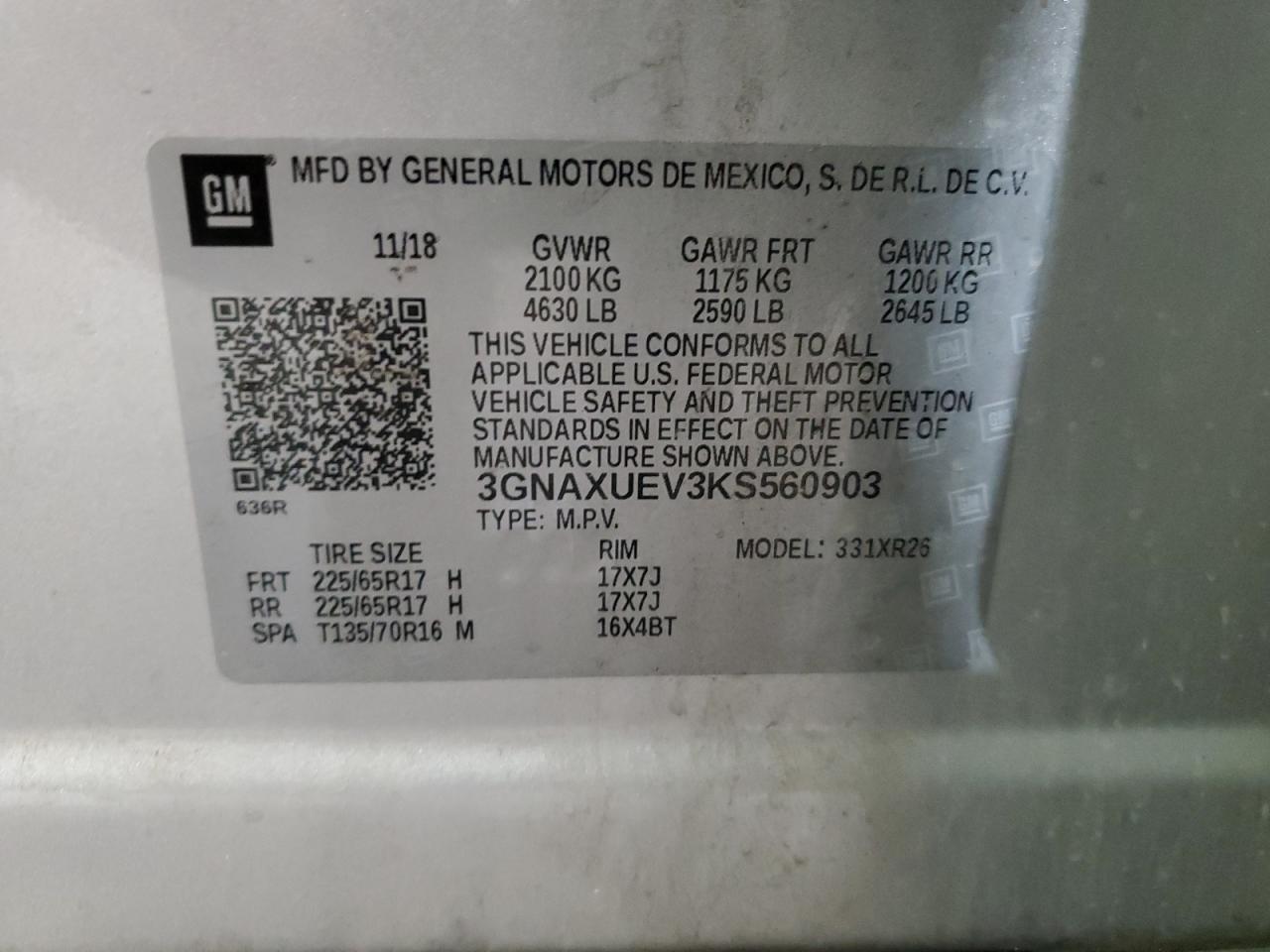 3GNAXUEV3KS560903 2019 Chevrolet Equinox Lt