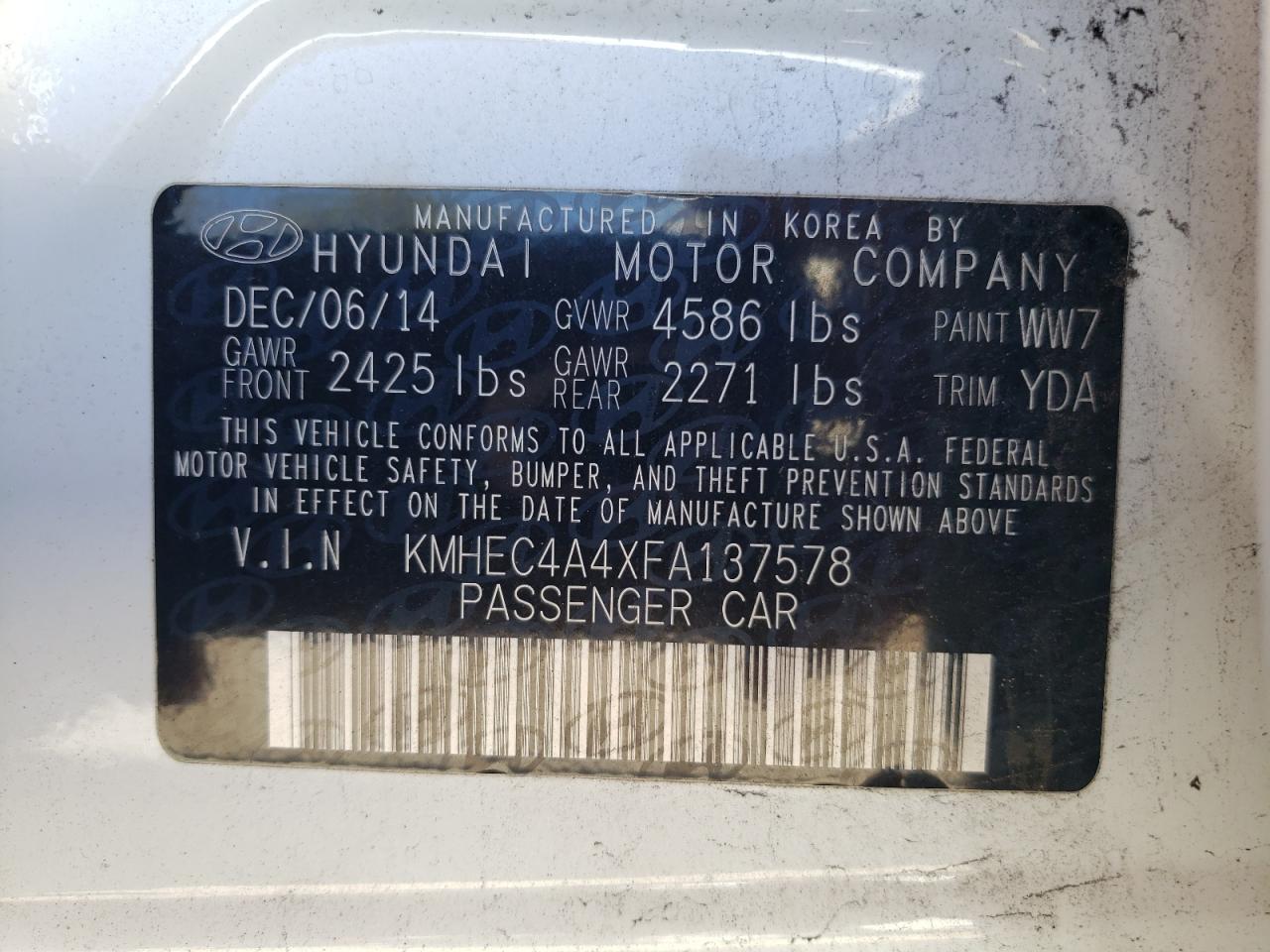 2015 Hyundai Sonata Hybrid VIN: KMHEC4A4XFA137578 Lot: 76818394