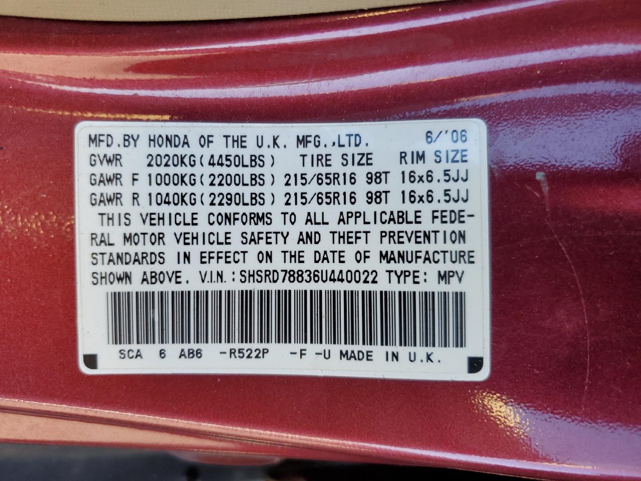 SHSRD78836U440022 2006 Honda Cr-V Ex