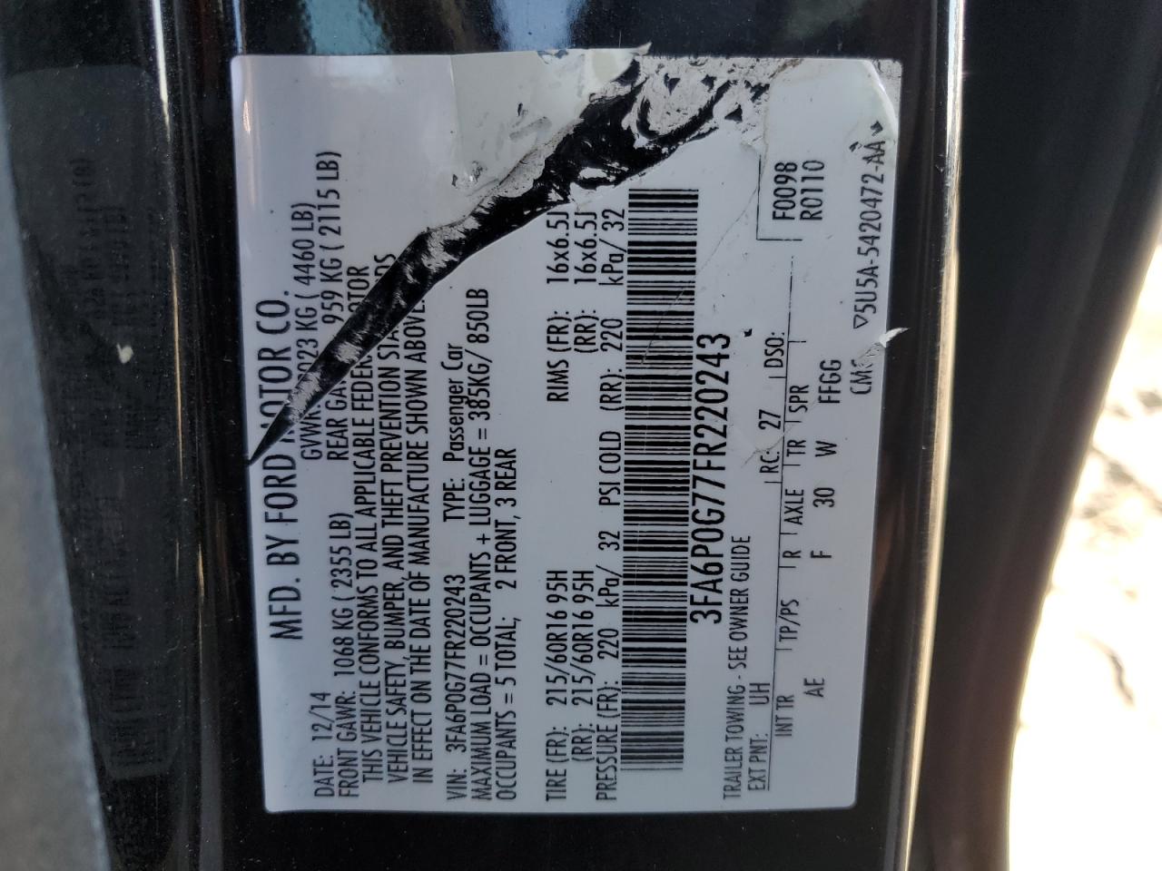 3FA6P0G77FR220243 2015 Ford Fusion S