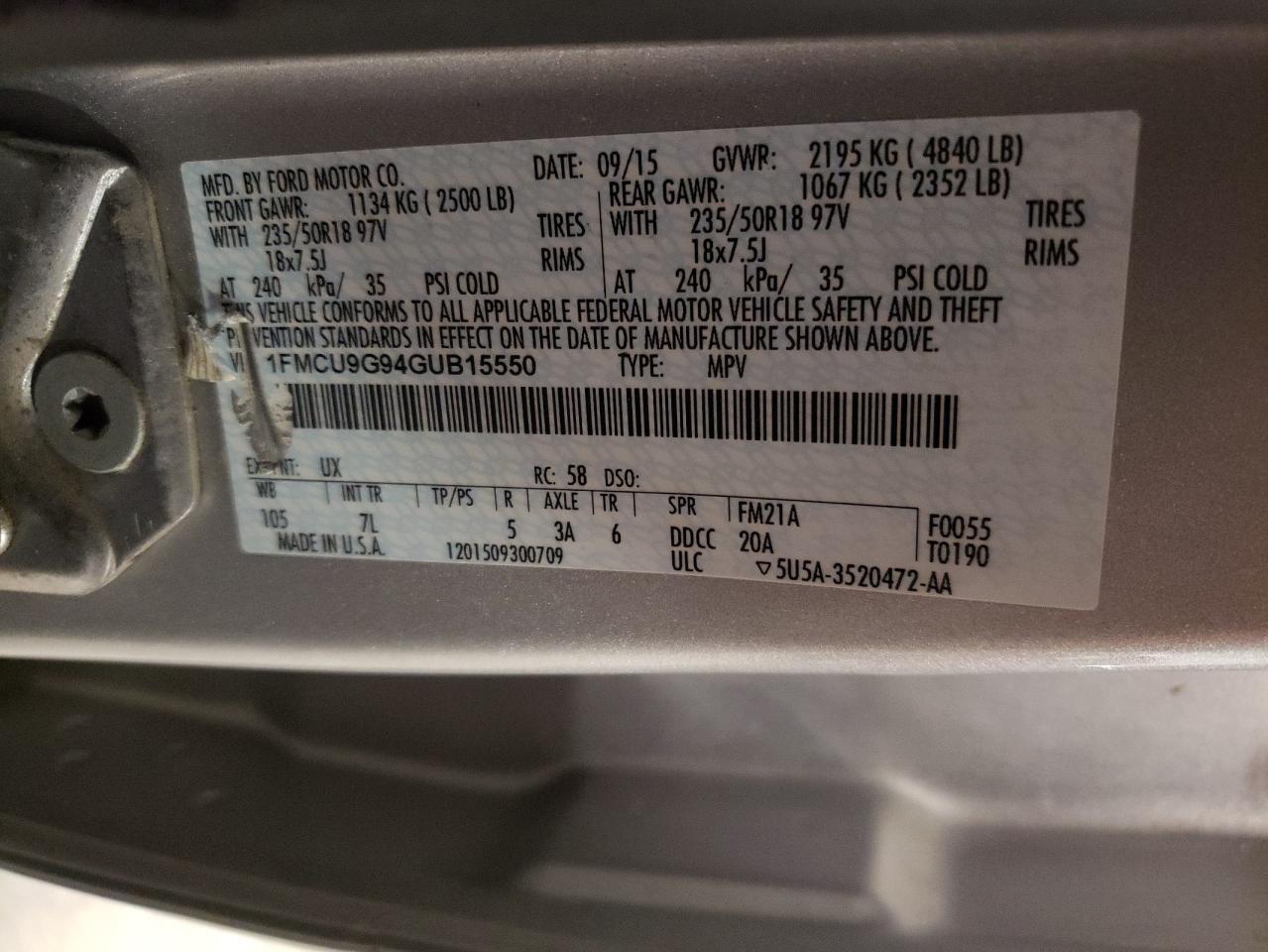 VIN 1FMCU9G94GUB15550 2016 FORD ESCAPE no.13