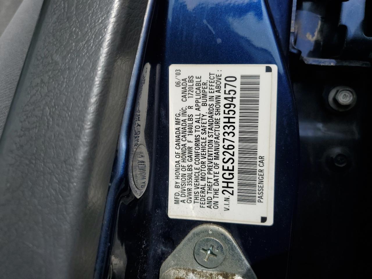 2003 Honda Civic Ex VIN: 2HGES26733H594570 Lot: 75929294