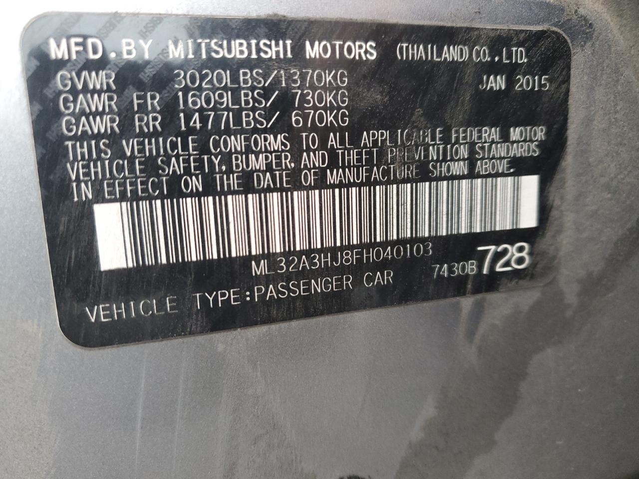 ML32A3HJ8FH040103 2015 Mitsubishi Mirage De