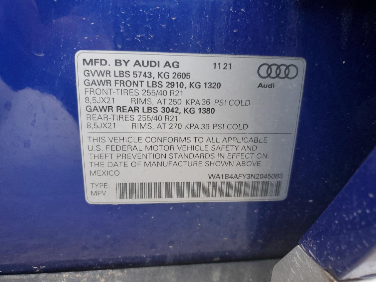 2022 Audi Sq5 Premium Plus VIN: WA1B4AFY3N2045083 Lot: 74147484