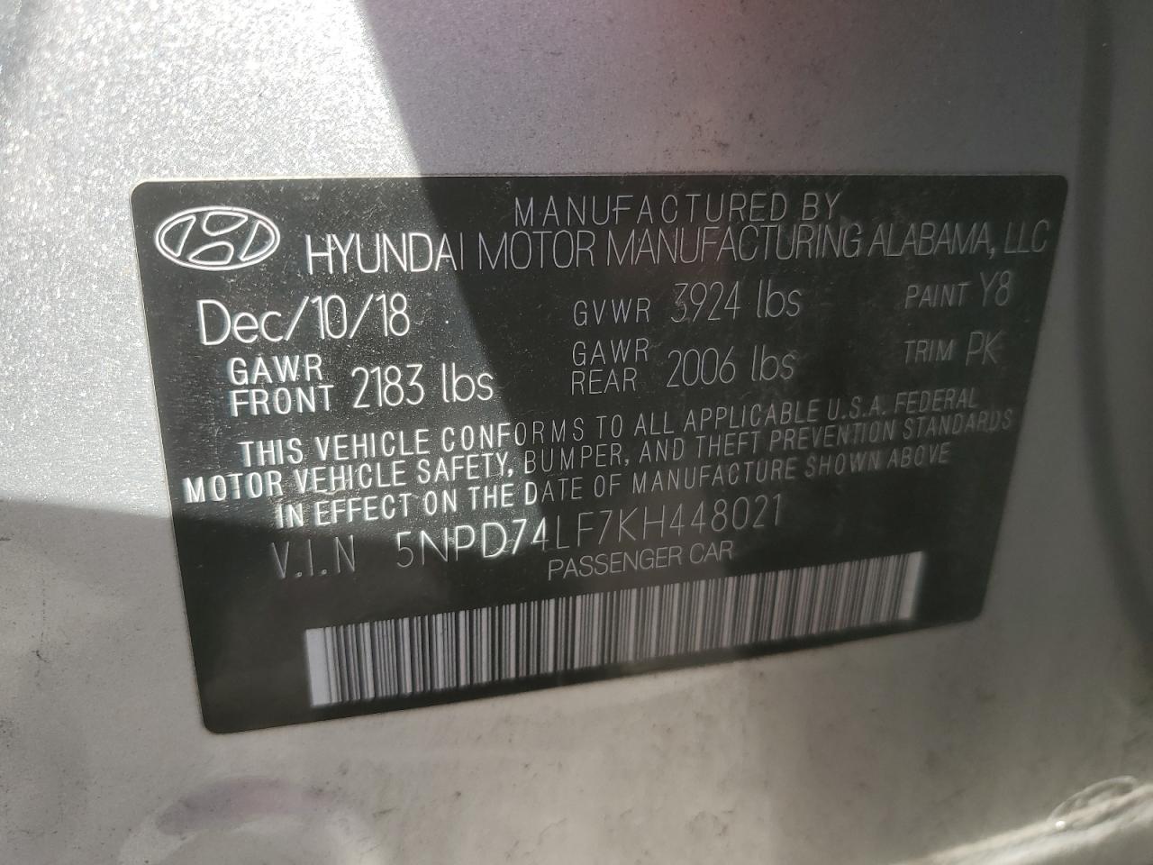 5NPD74LF7KH448021 2019 Hyundai Elantra Se