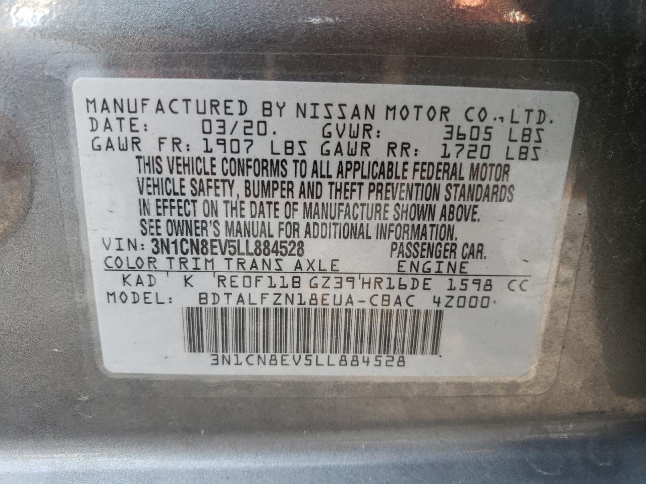 2020 Nissan Versa Sv VIN: 3N1CN8EV5LL884528 Lot: 78193034