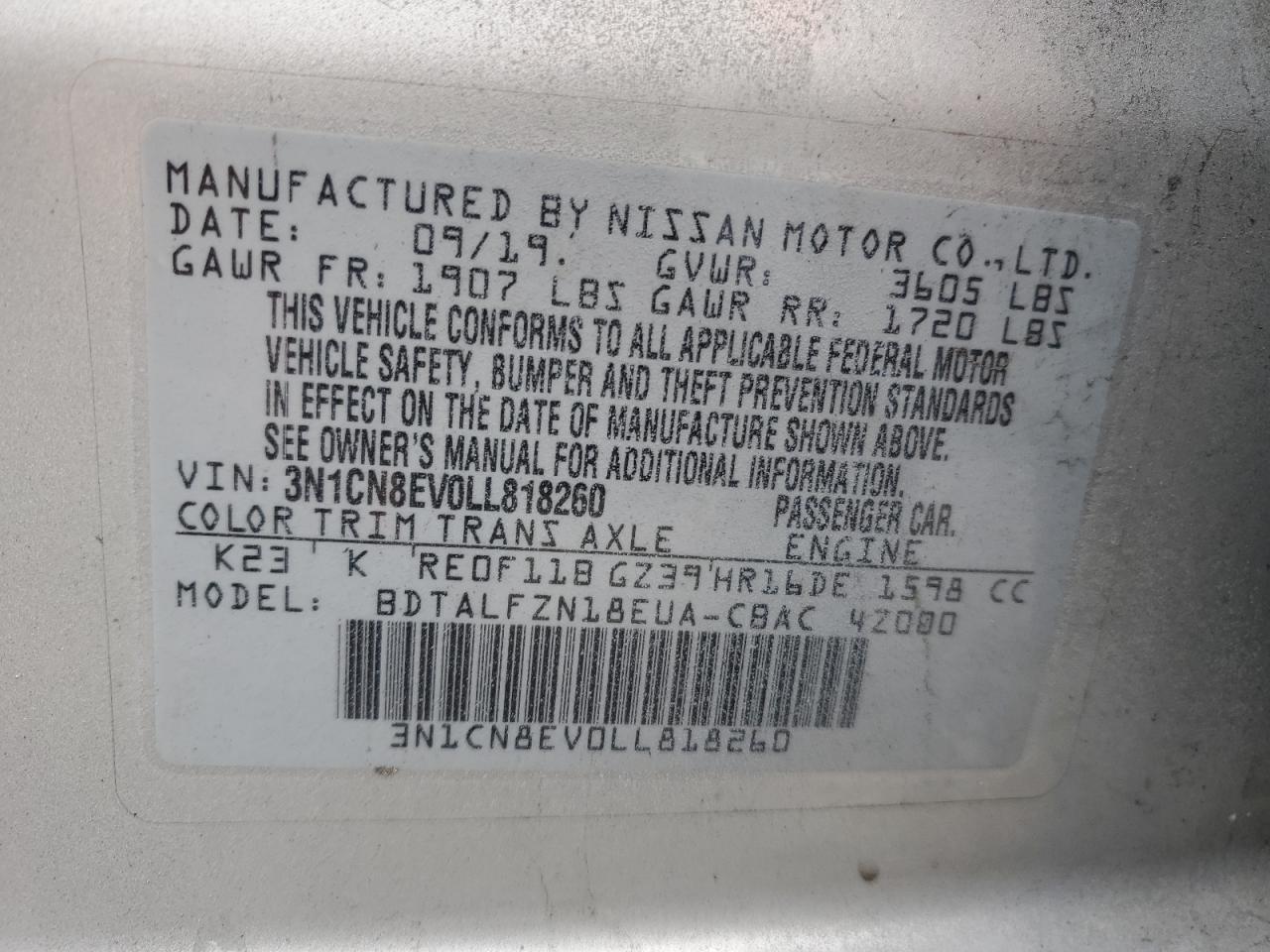 2020 Nissan Versa Sv VIN: 3N1CN8EV0LL818260 Lot: 76473614