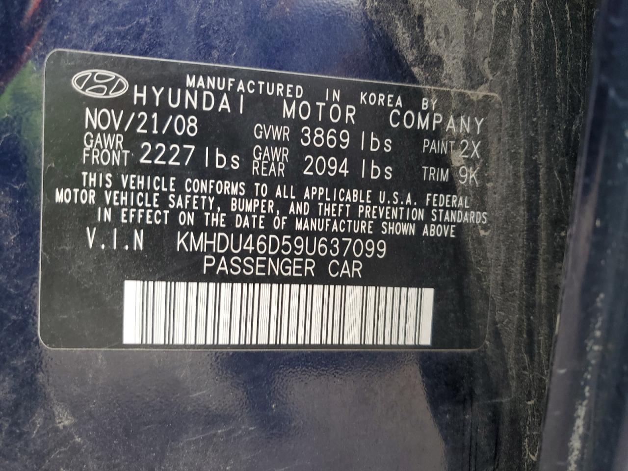 KMHDU46D59U637099 2009 Hyundai Elantra Gls