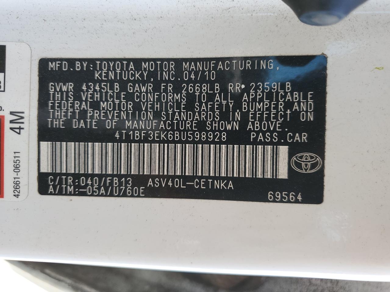 4T1BF3EK6BU598928 2011 Toyota Camry Base