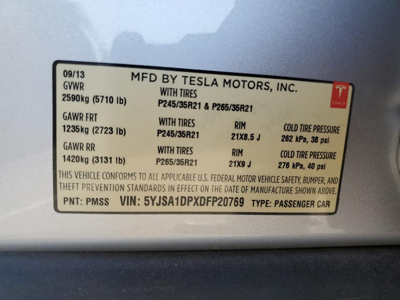 2013 Tesla Model S VIN: 5YJSA1DPXDFP20769 Lot: 71347064