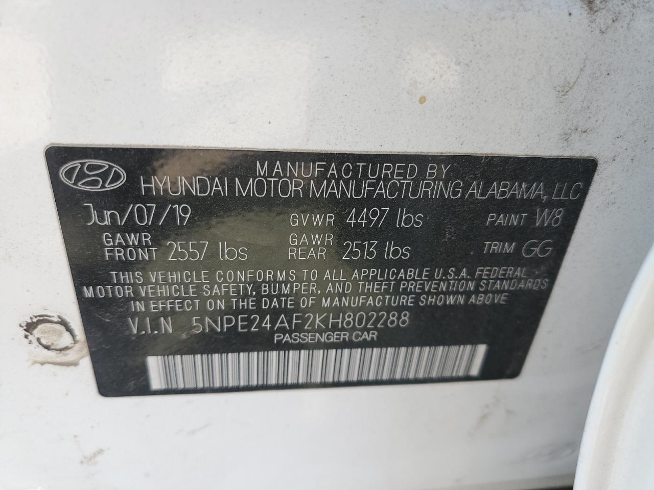 5NPE24AF2KH802288 2019 Hyundai Sonata Se