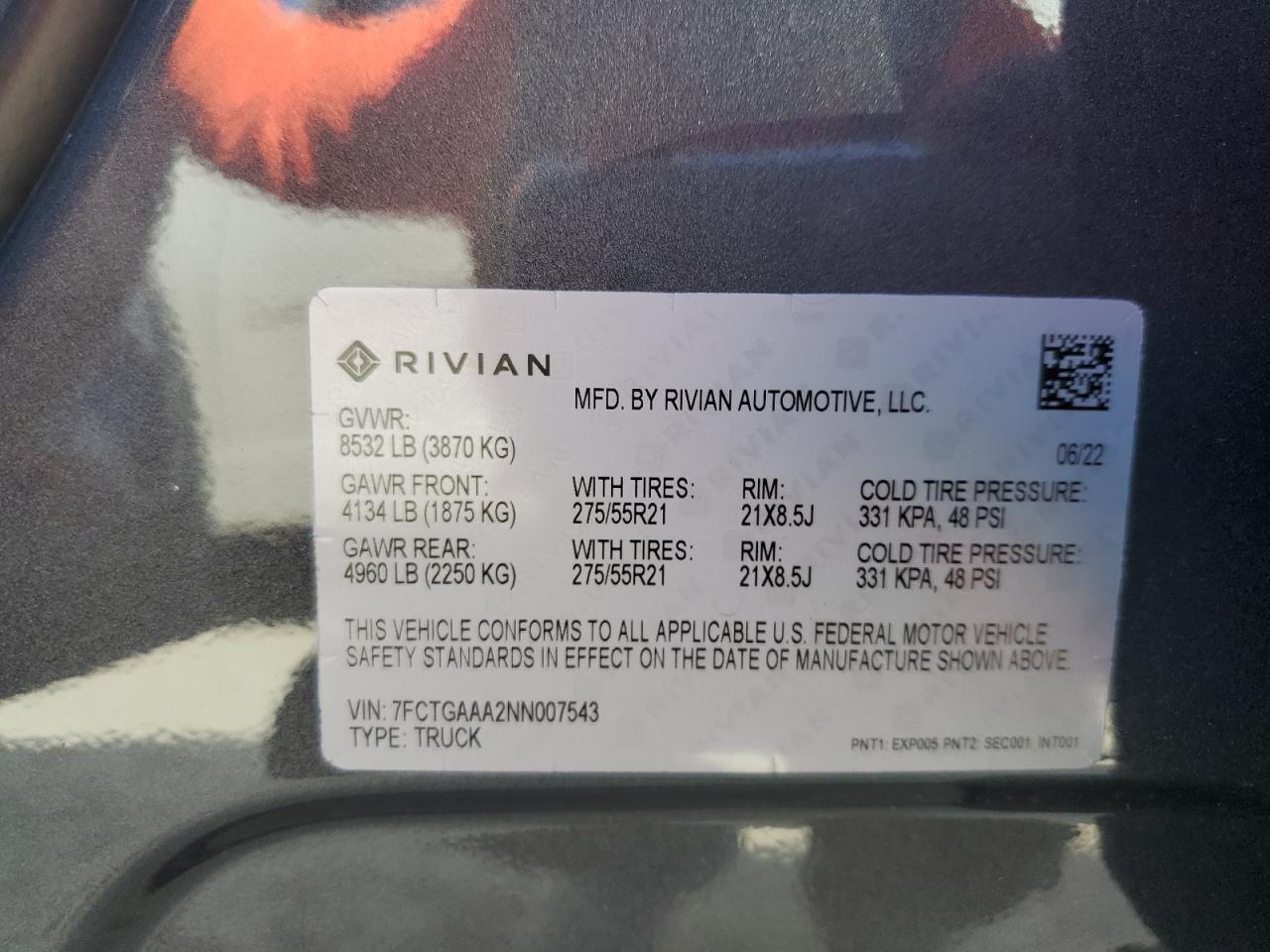 2022 Rivian R1T Adventure VIN: 7FCTGAAA2NN007543 Lot: 77356644