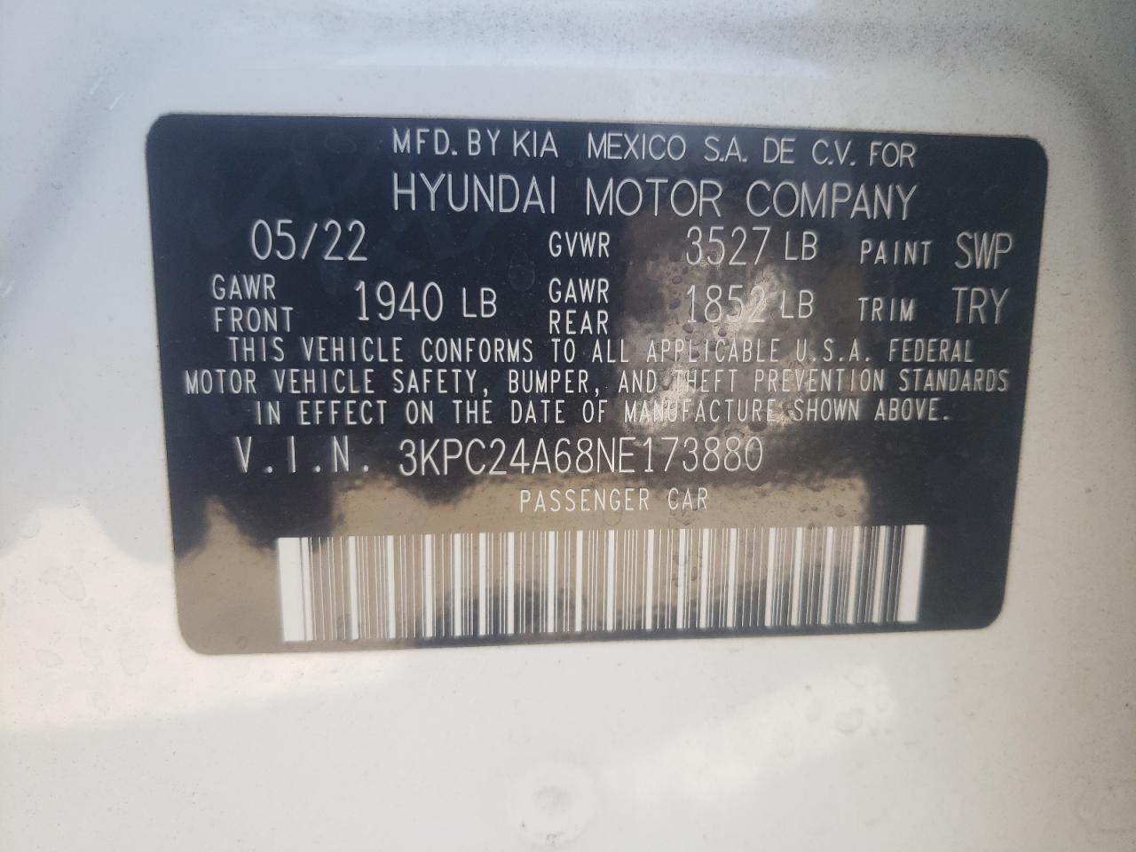 3KPC24A68NE173880 2022 Hyundai Accent Se