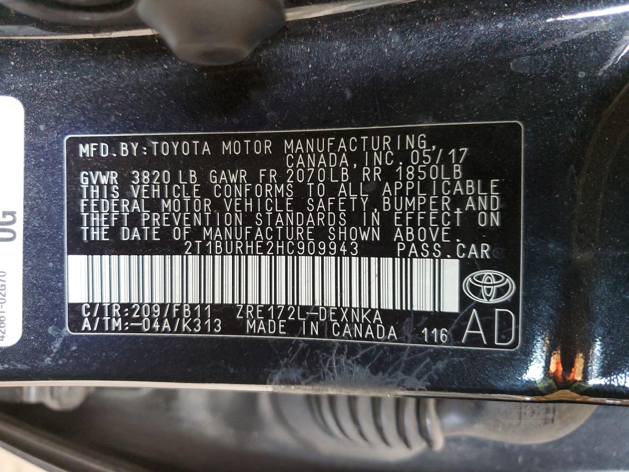 VIN 2T1BURHE2HC909943 2017 TOYOTA COROLLA no.12