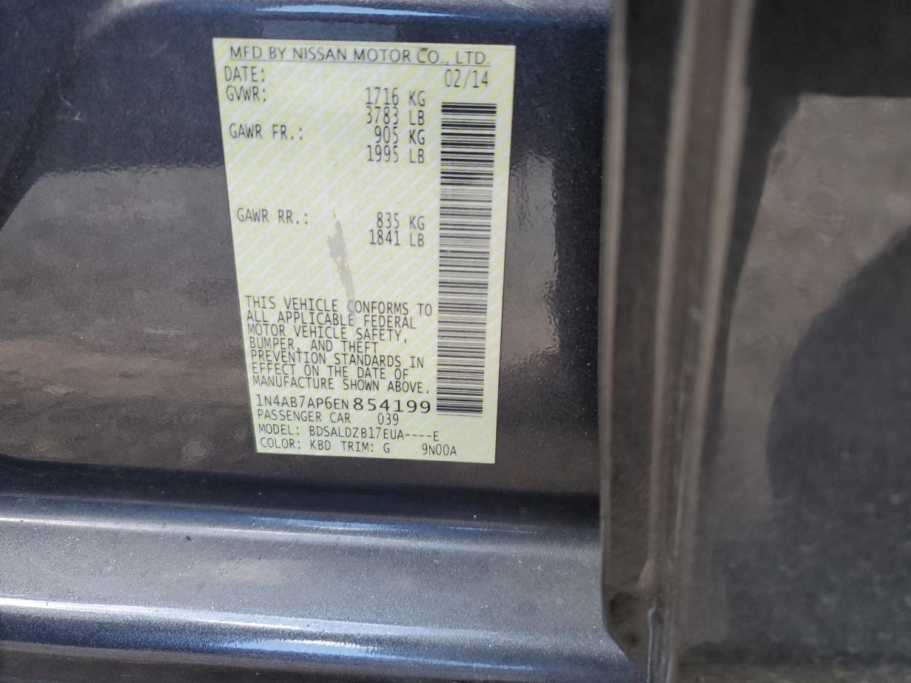 2014 Nissan Sentra S VIN: 1N4AB7AP6EN854199 Lot: 75800774