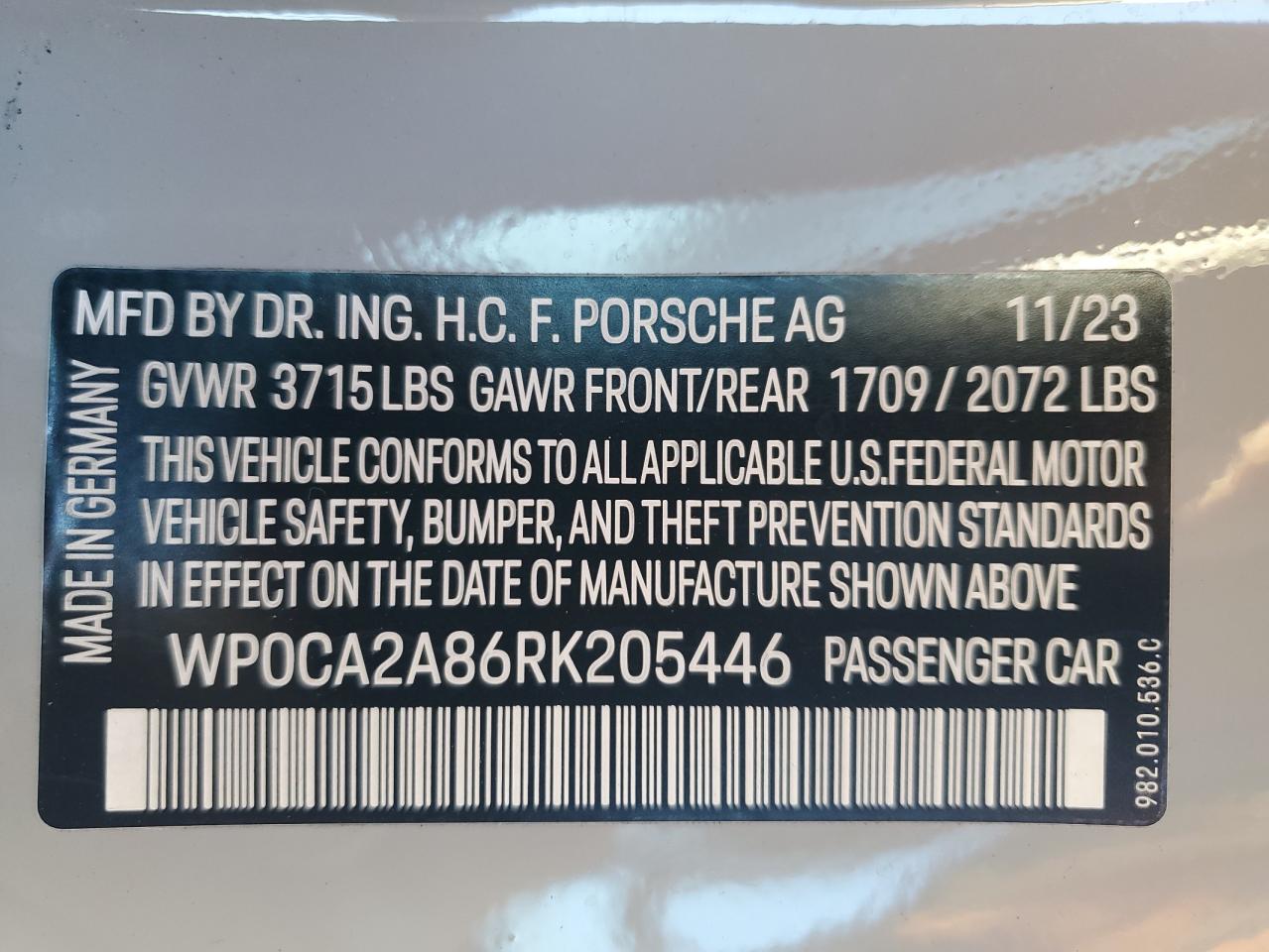 2024 Porsche Boxster Base VIN: WP0CA2A86RK205446 Lot: 77962424