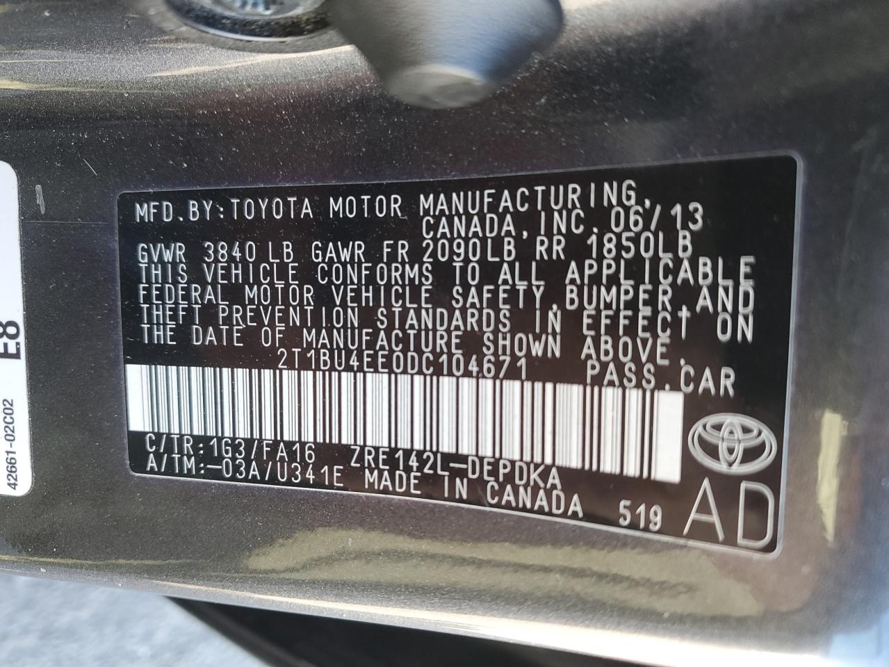 2013 Toyota Corolla Base VIN: 2T1BU4EE0DC104671 Lot: 76002904