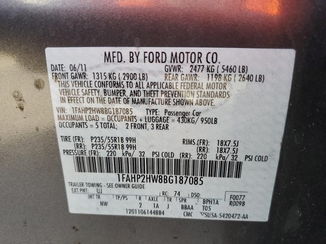 2011 Ford Taurus Sel VIN: 1FAHP2HW8BG187085 Lot: 77888654