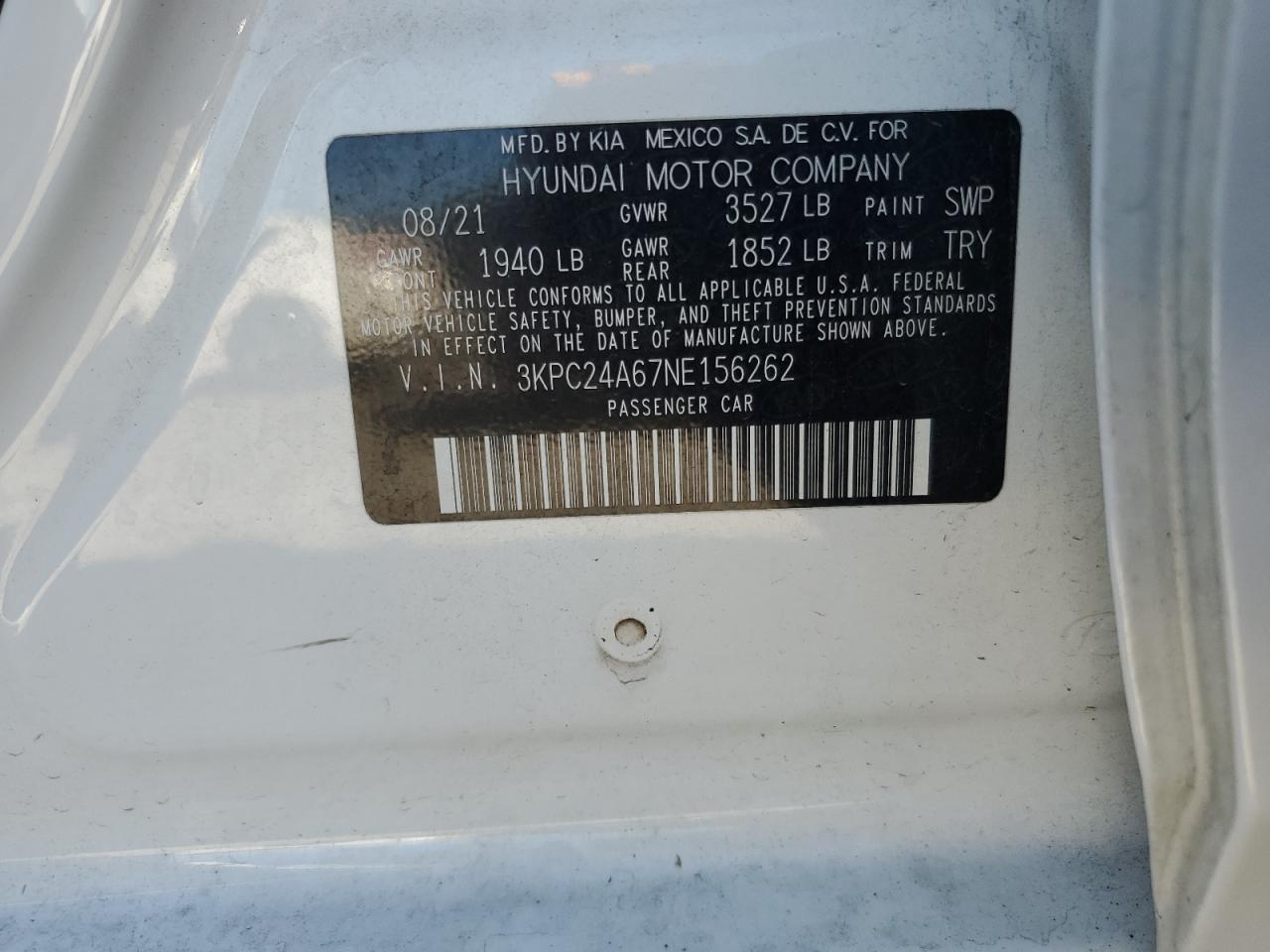 3KPC24A67NE156262 2022 Hyundai Accent Se