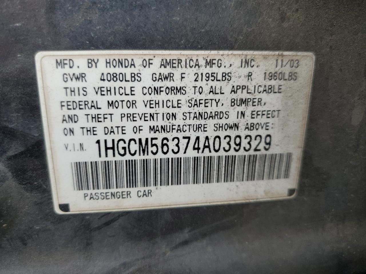 1HGCM56374A039329 2004 Honda Accord Lx